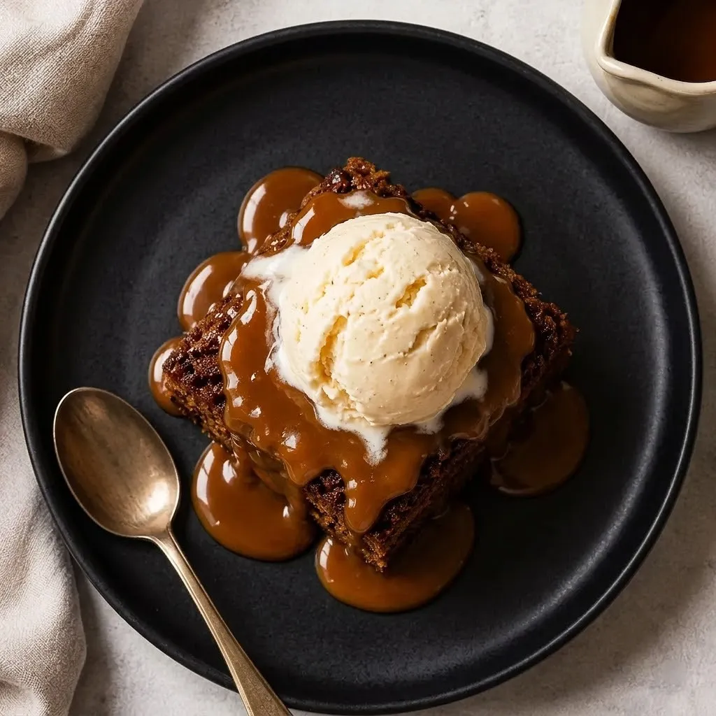 Warm sticky toffee pudding with vanilla ice cream at Spark Chef Dining & Takeout, Sherwood Park