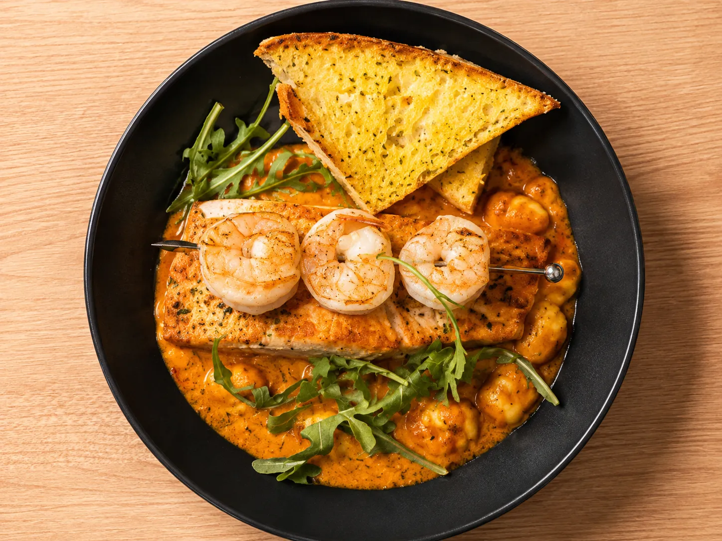 Seared salmon and shrimp with pasta at Spark Chef Dining & Takeout, Sherwood Park