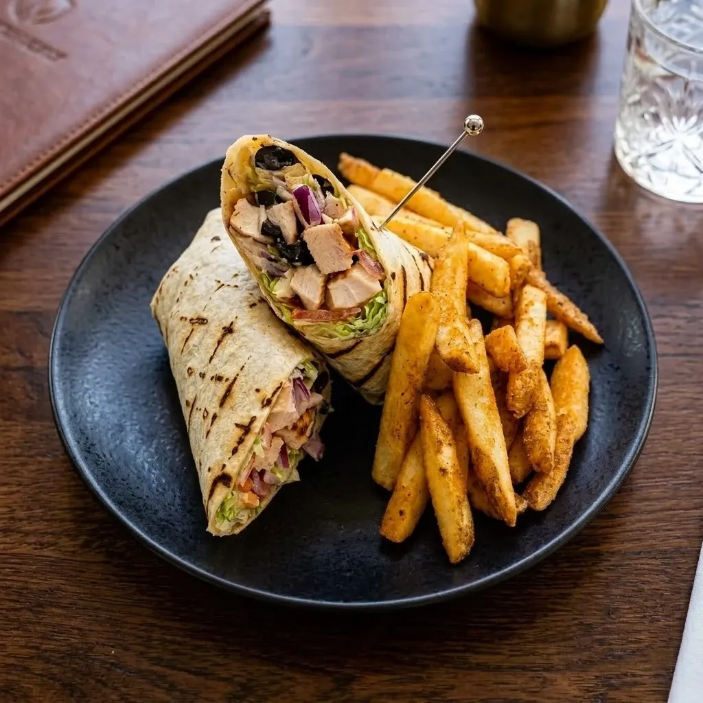 Spark Special Wrap served with a side of seasoned fries at Spark Chef Dining & Takeout, Sherwood Park