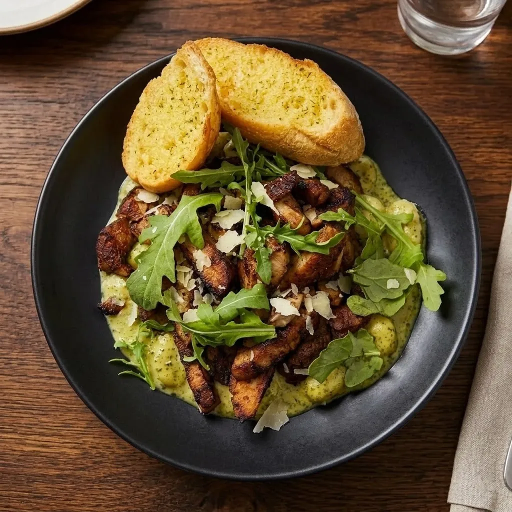 Jerk Chicken Thigh over creamy herb gnocchi with arugula and parmesan at Spark Chef Dining & Takeout, Sherwood Park