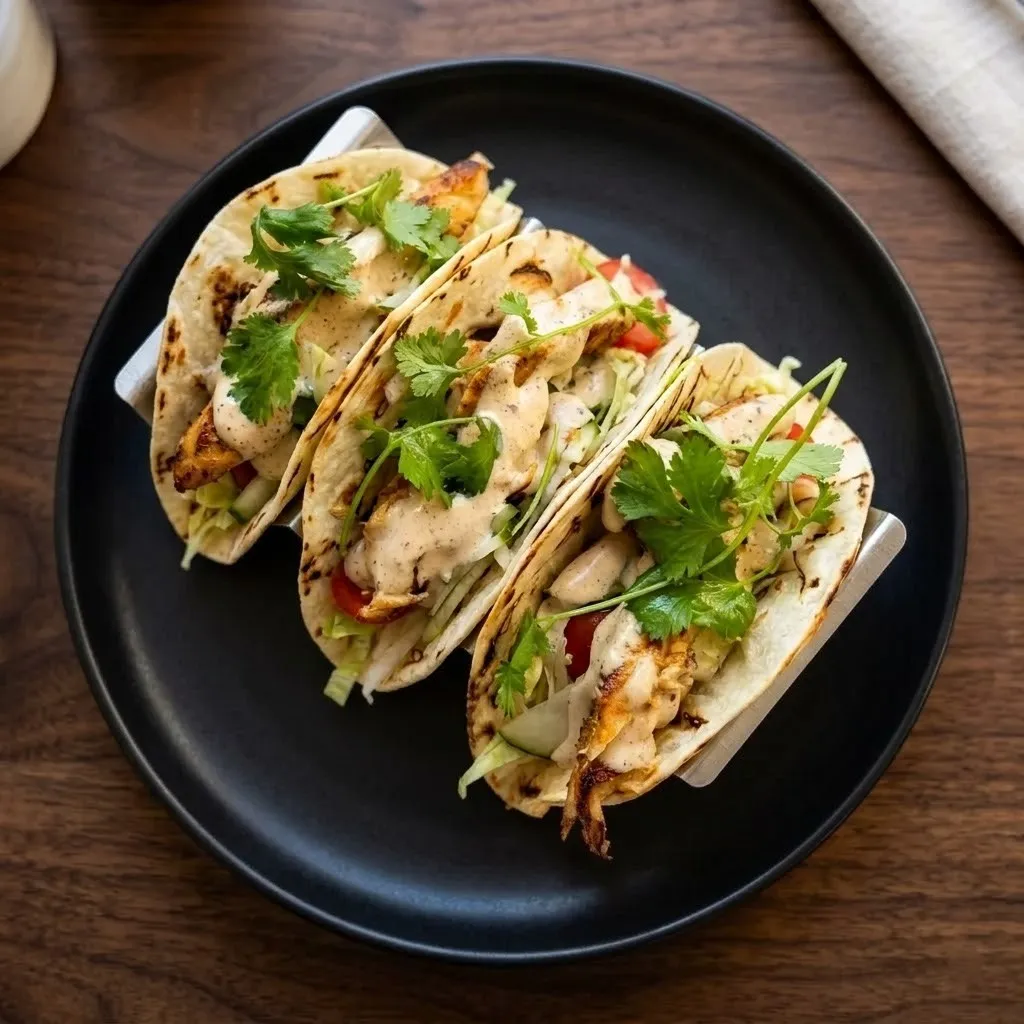 Mahi Tacos with creamy chipotle drizzle and fresh cilantro at Spark Chef Dining & Takeout, Sherwood Park