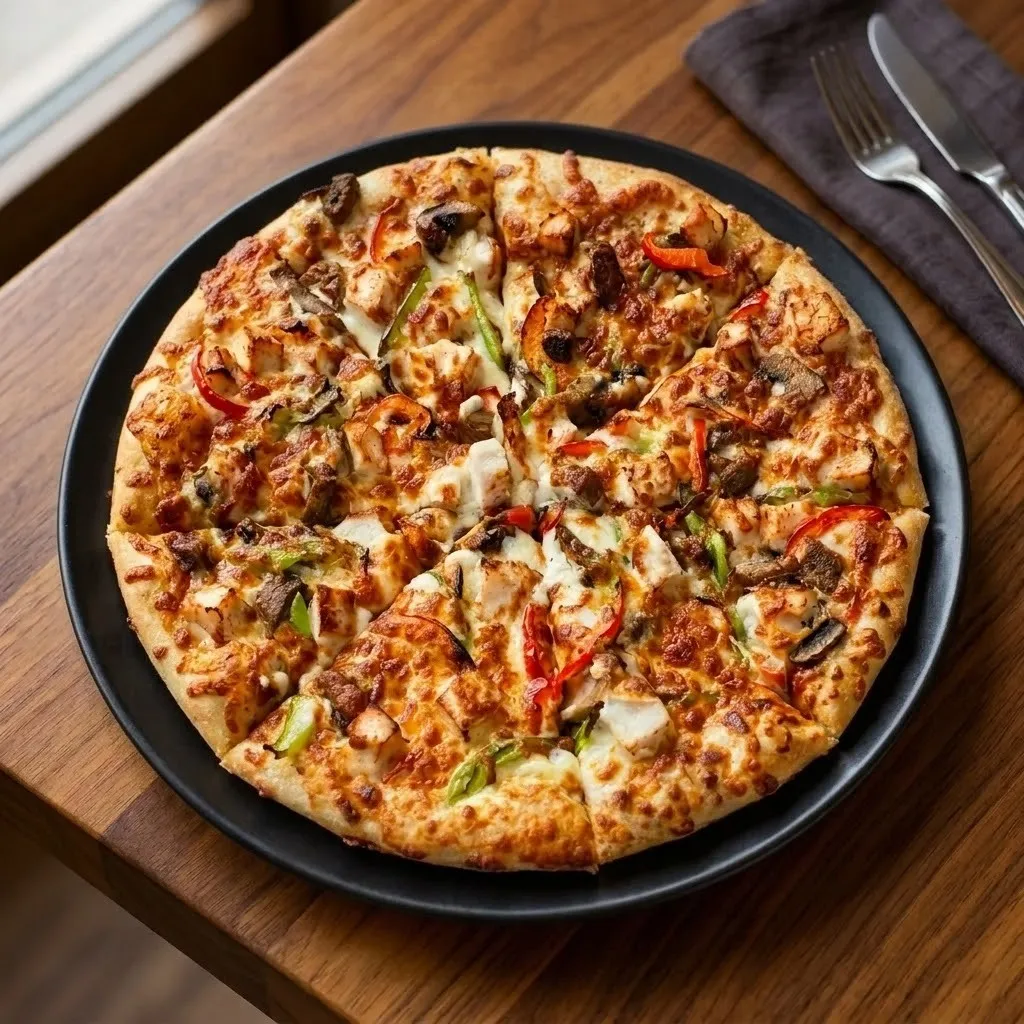 Meaty Lovers Pizza on a hand-stretched crust with melted mozzarella at Spark Chef Dining & Takeout, Sherwood Park