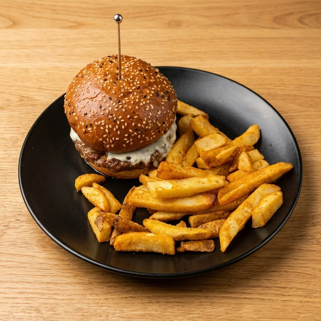 Bison Burger with home made burger sauce and a side of fries at Spark Chef Dining & Takeout, Sherwood Park