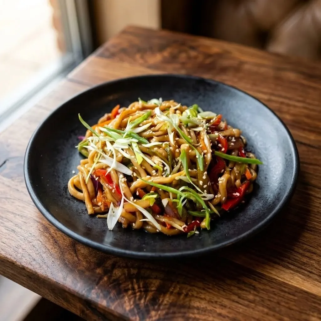 Teriyaki Chicken Noodles with peppers, scallions and sesame at Spark Chef Dining & Takeout, Sherwood Park