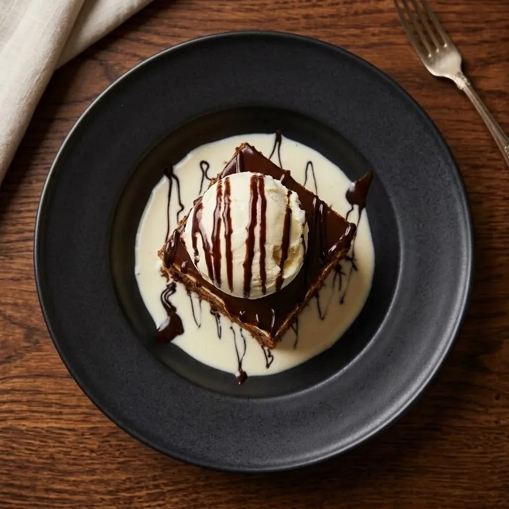 Warm Sticky Toffee Pudding with vanilla ice cream at Spark Chef Dining & Takeout, Sherwood Park